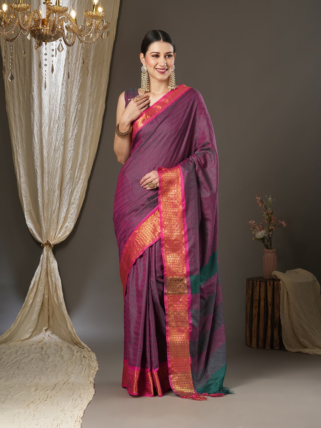 

Saree mall Woven Design Zari Taant Sarees, Burgundy