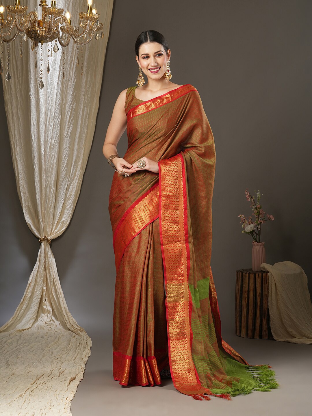 

Saree mall Woven Design Zari Taant Sarees, Orange