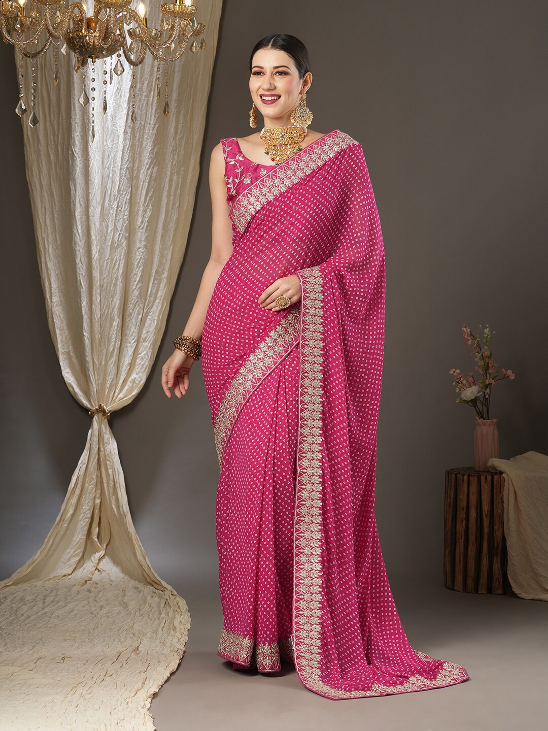 

Saree mall Bandhani Pure Georgette Sarees, Pink