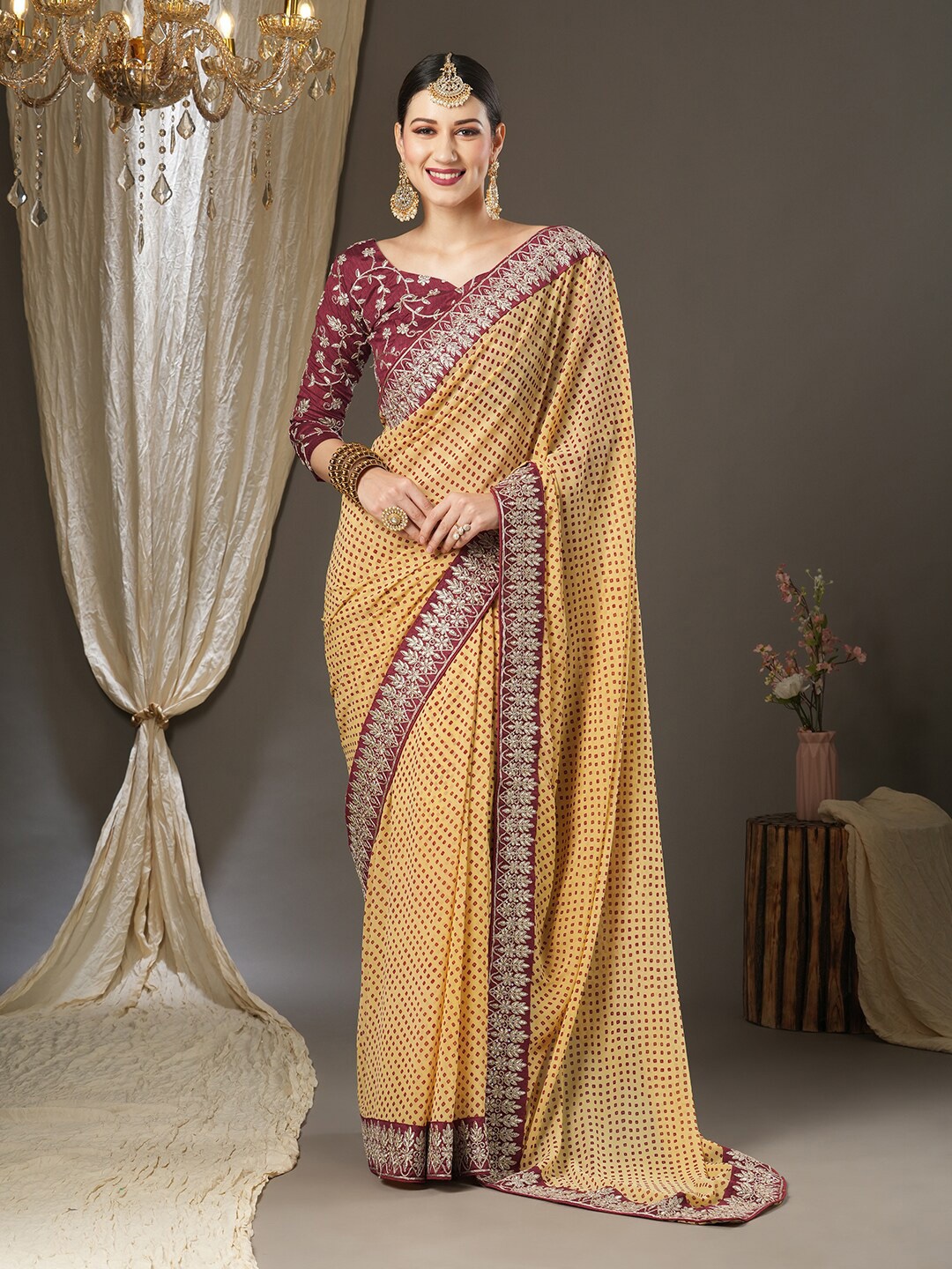 

Saree mall Bandhani Pure Georgette Sarees, Cream