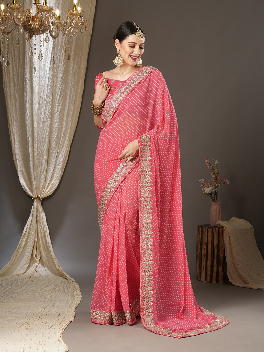 

Saree mall Bandhani Embroidered Pure Georgette Sarees, Pink