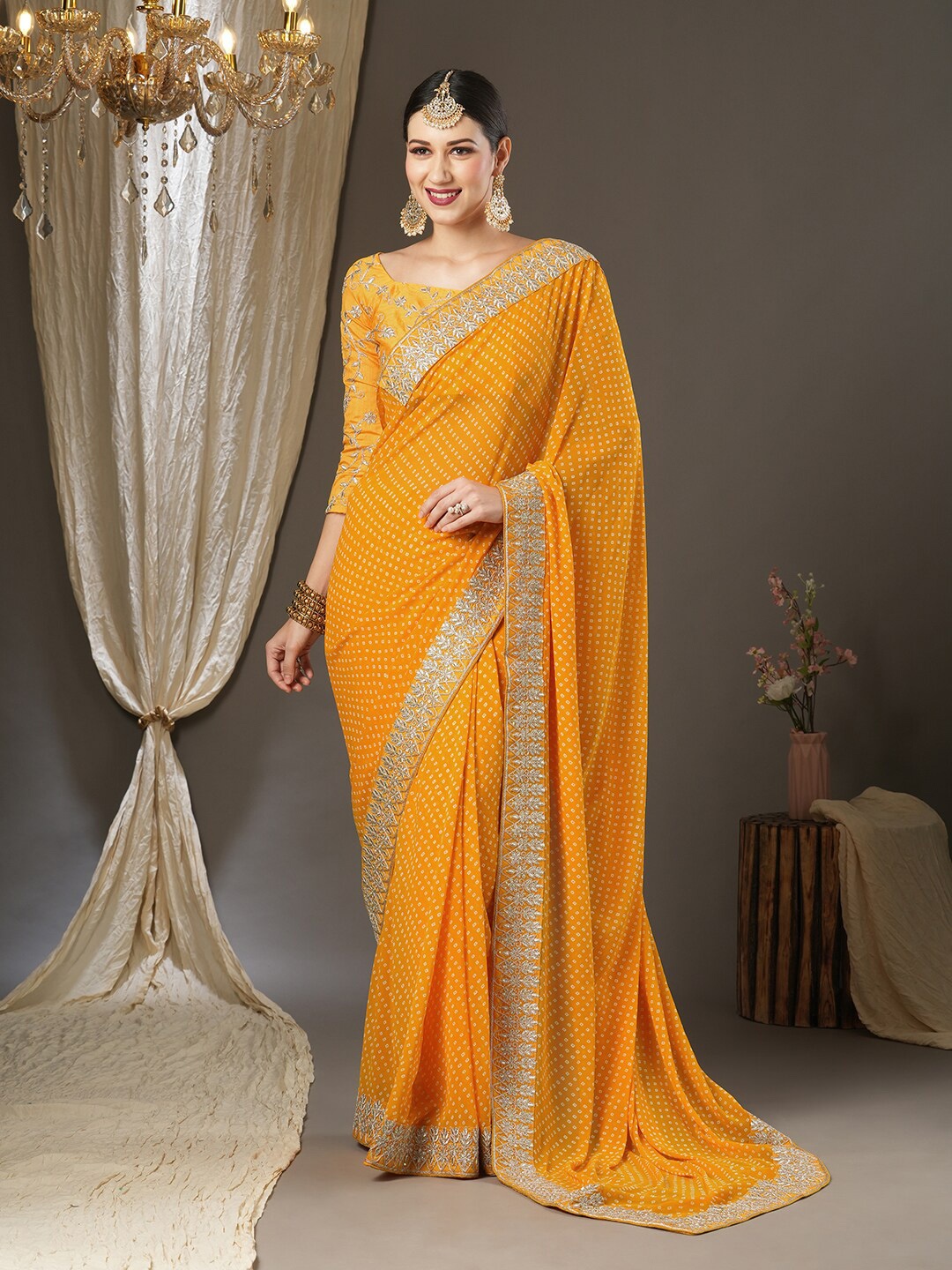 

Saree mall Mustard & White Bandhani Embroidered Pure Georgette Bandhani Sarees