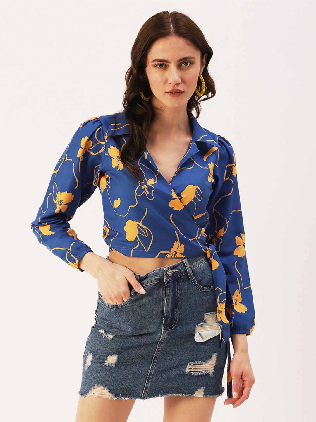 

DressBerry Floral Printed Puff Sleeve Wrap Top, Blue