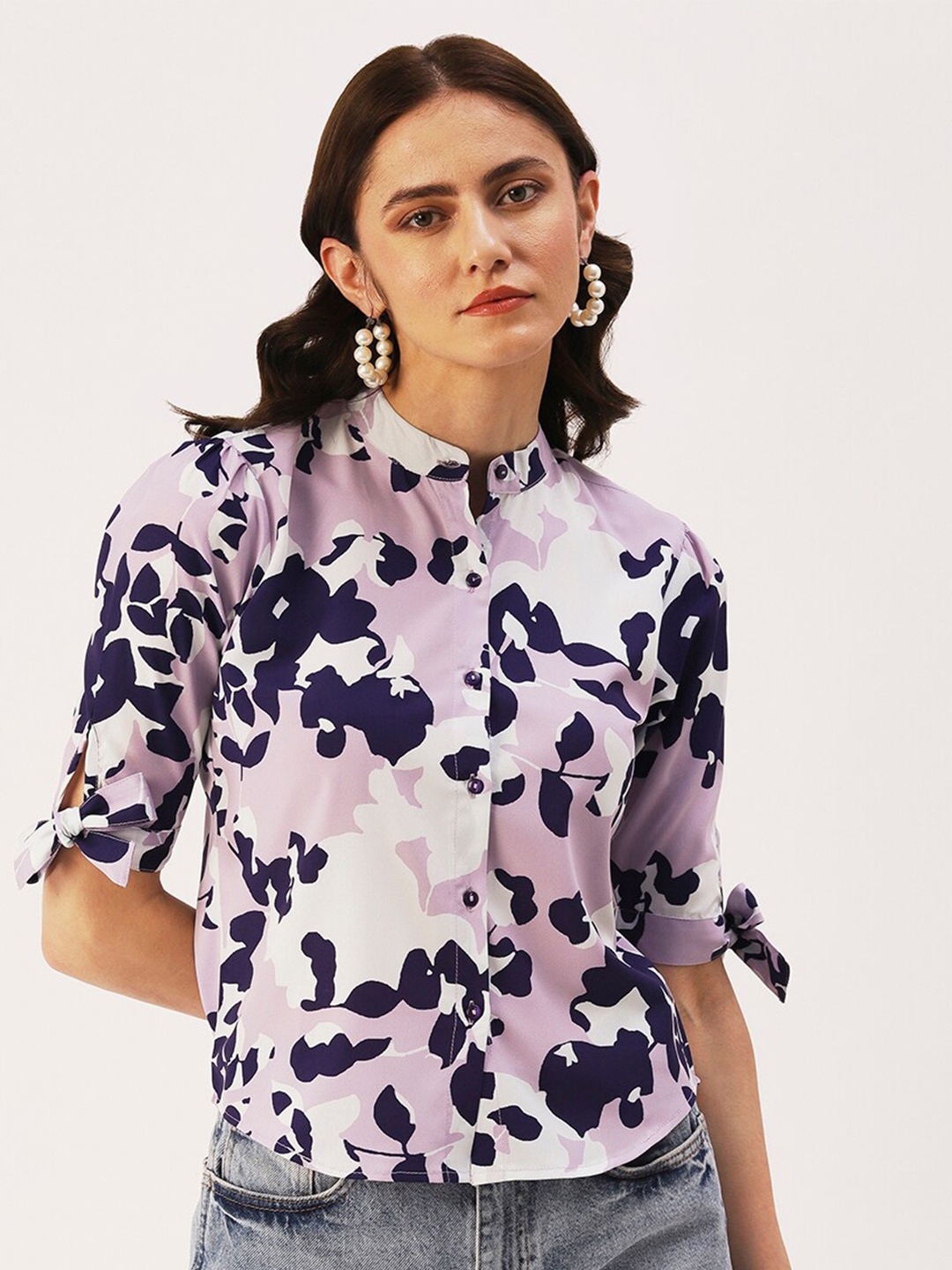 

DressBerry Floral Printed Mandarin Collar Shirt Style Top, Lavender