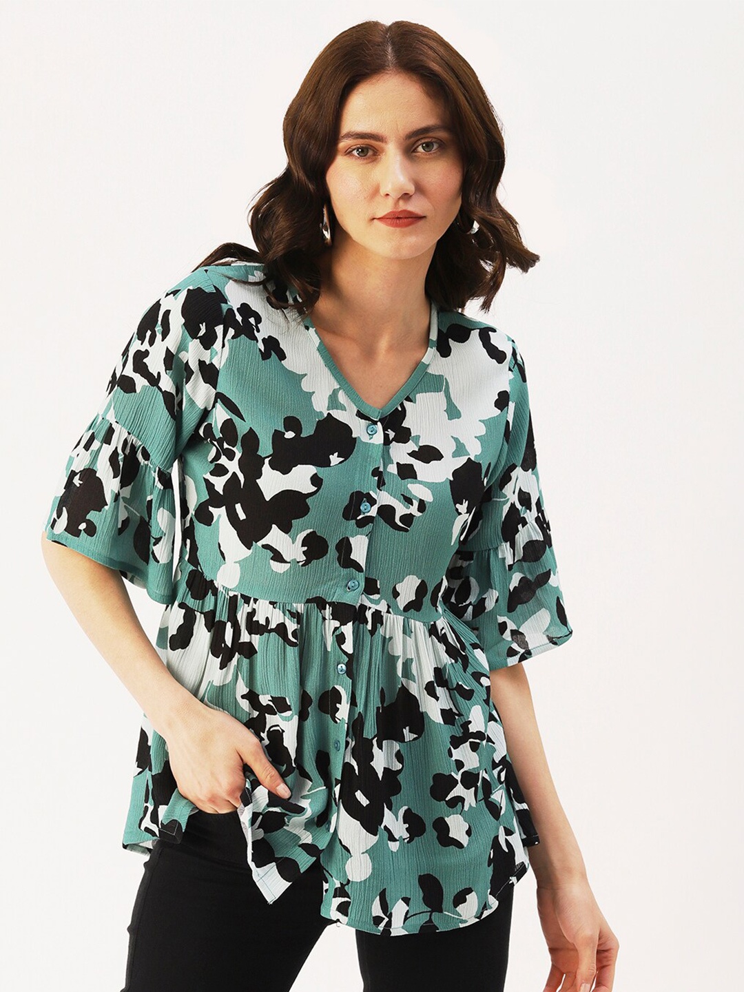 

DressBerry Floral Printed Bell Sleeves Crepe Top, Sea green