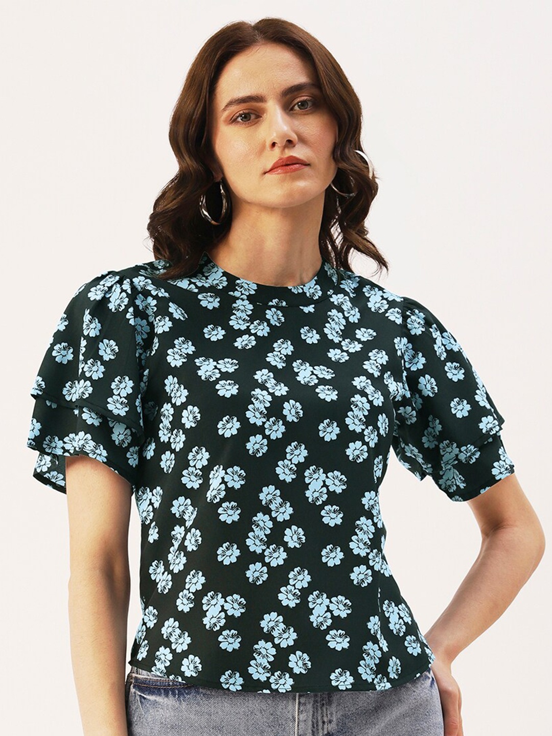 

DressBerry Floral Printed Ruffle Sleeves Crepe Top, Black