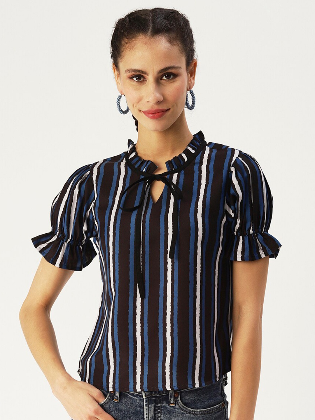 

DressBerry Striped Ruffle Tie-Up Neck Top, Black