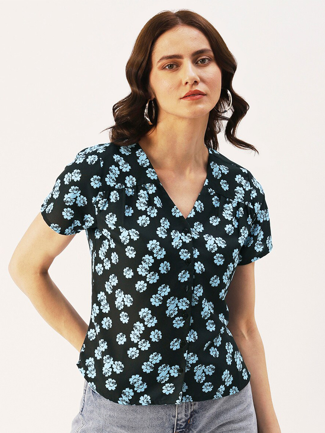 

DressBerry Floral Printed Buttoned Front Top, Black
