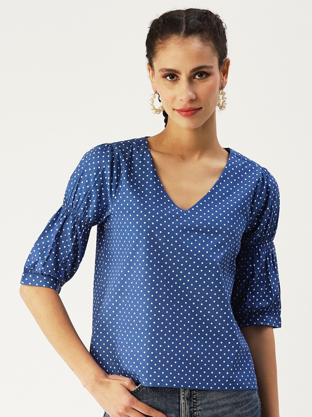 

DressBerry Polka Dot Printed Puff Sleeve Top, Blue