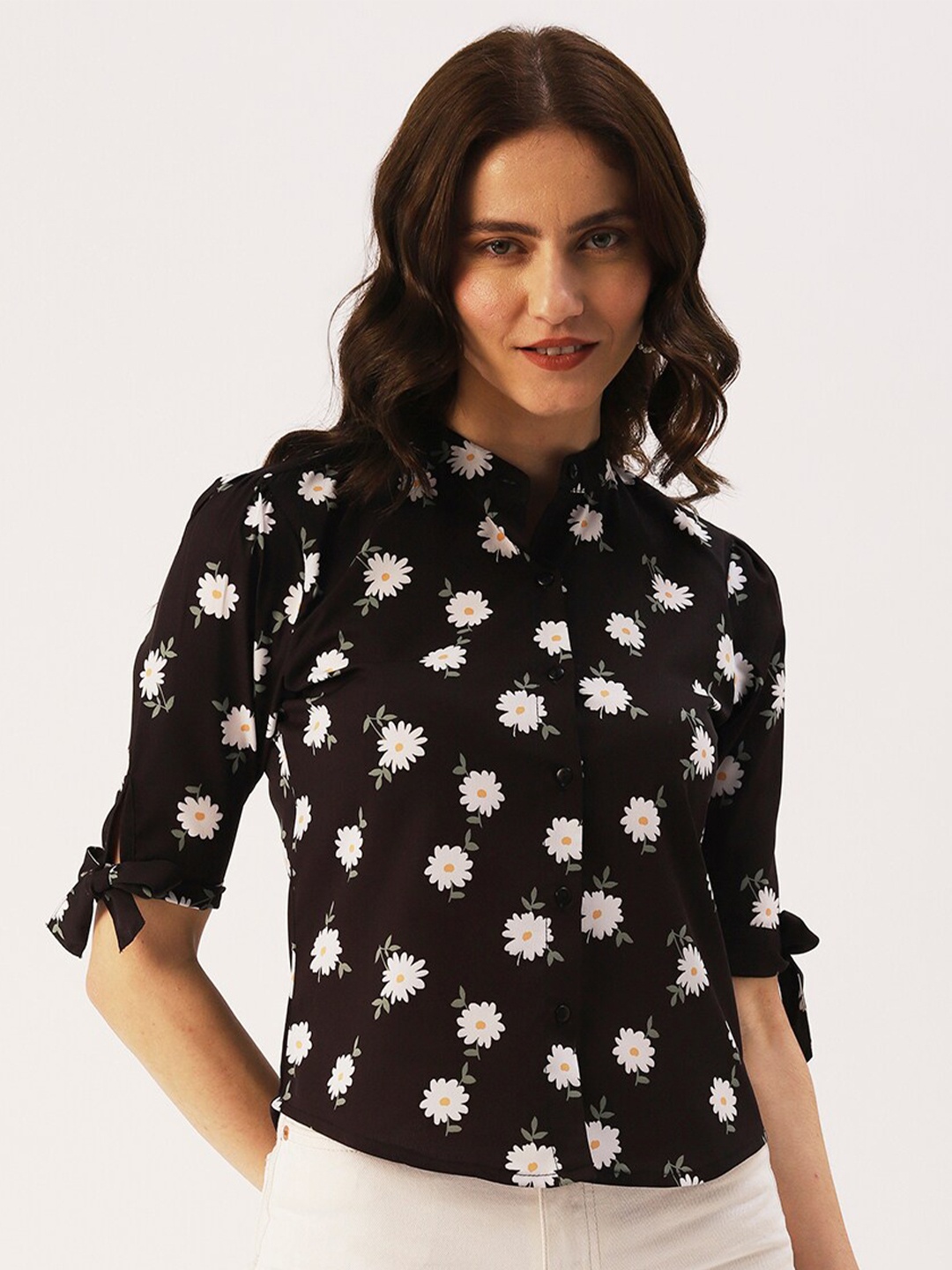 

DressBerry Floral Printed Mandarin Collar Crepe Top, Black