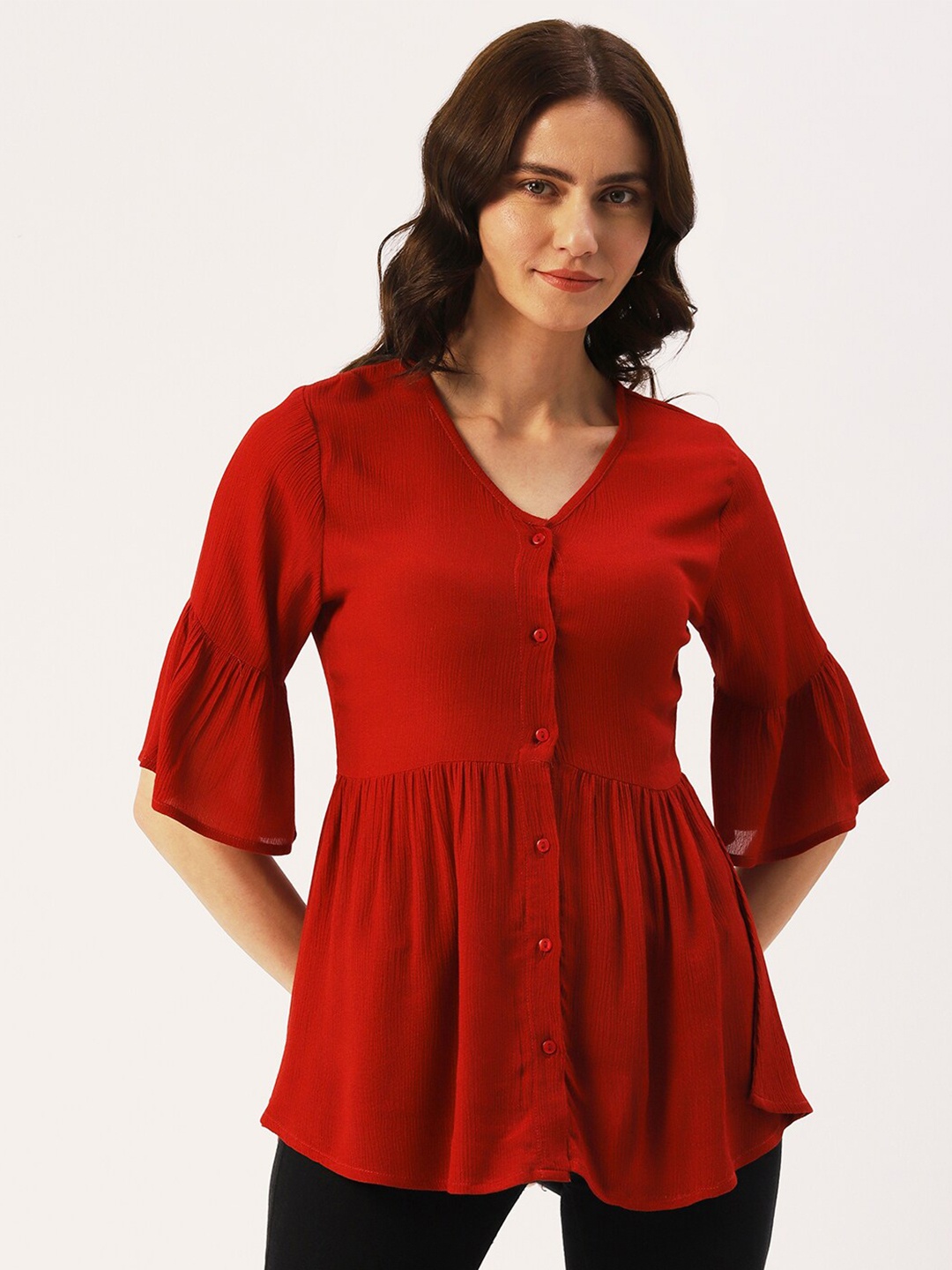 

DressBerry V-Neck Bell Sleeve Crepe Top, Red