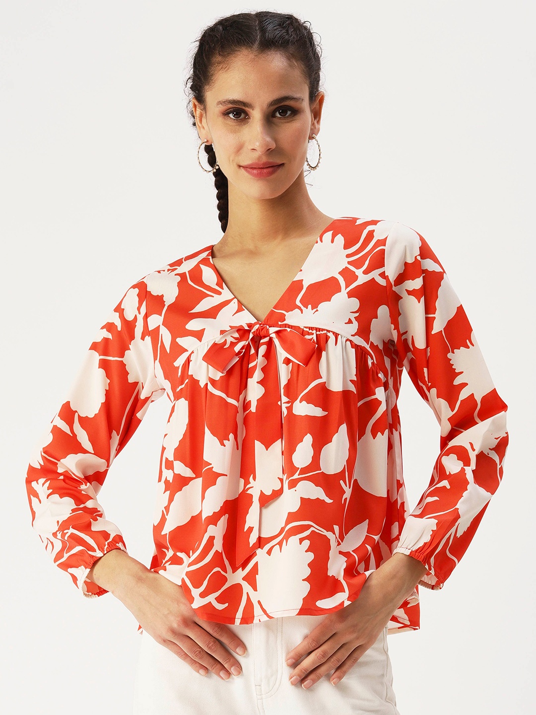 

DressBerry Floral Printed V-Neck Crepe Top, Orange