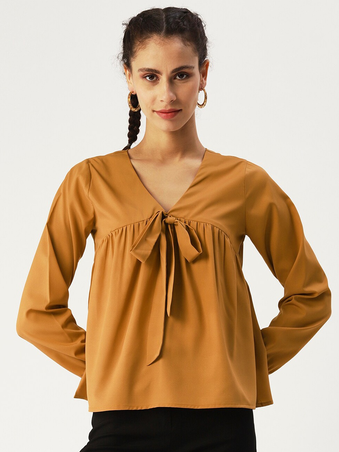 

DressBerry V-Neck Cuffed Sleeve Crepe Top, Bronze