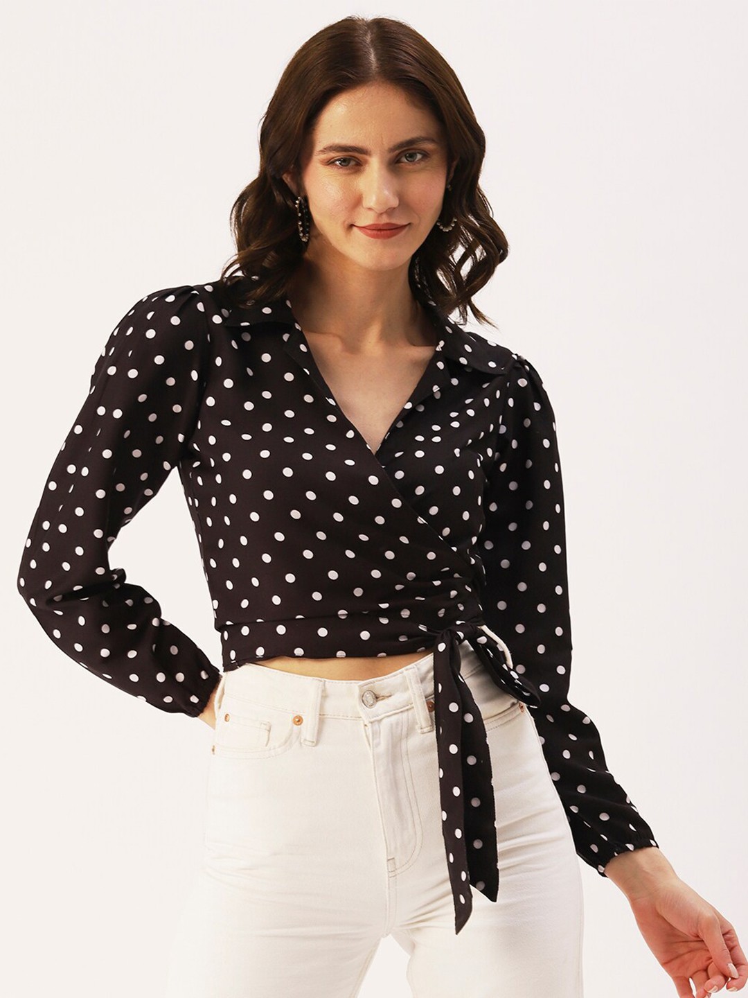 

Dressberry Polka Dot Printed Wrap Crop Top, Black