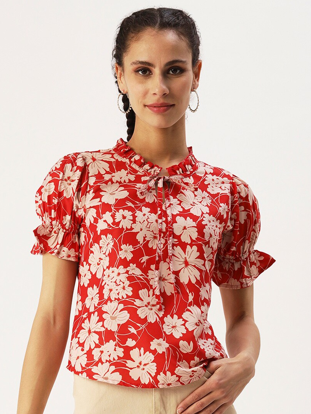 

DressBerry Floral Printed Tie-Up Neck Top, Red