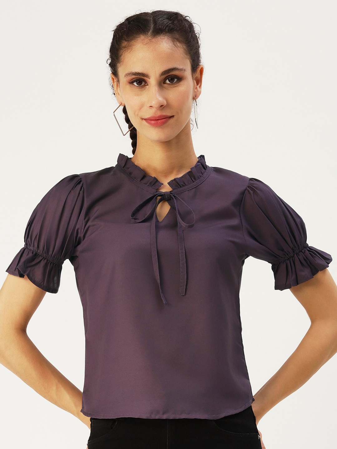 

DressBerry Mauve Tie-Up Neck Ruffles Top