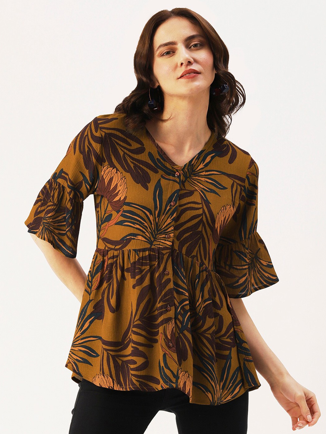 

DressBerry Floral Printed Bell Sleeve Crepe Top, Brown