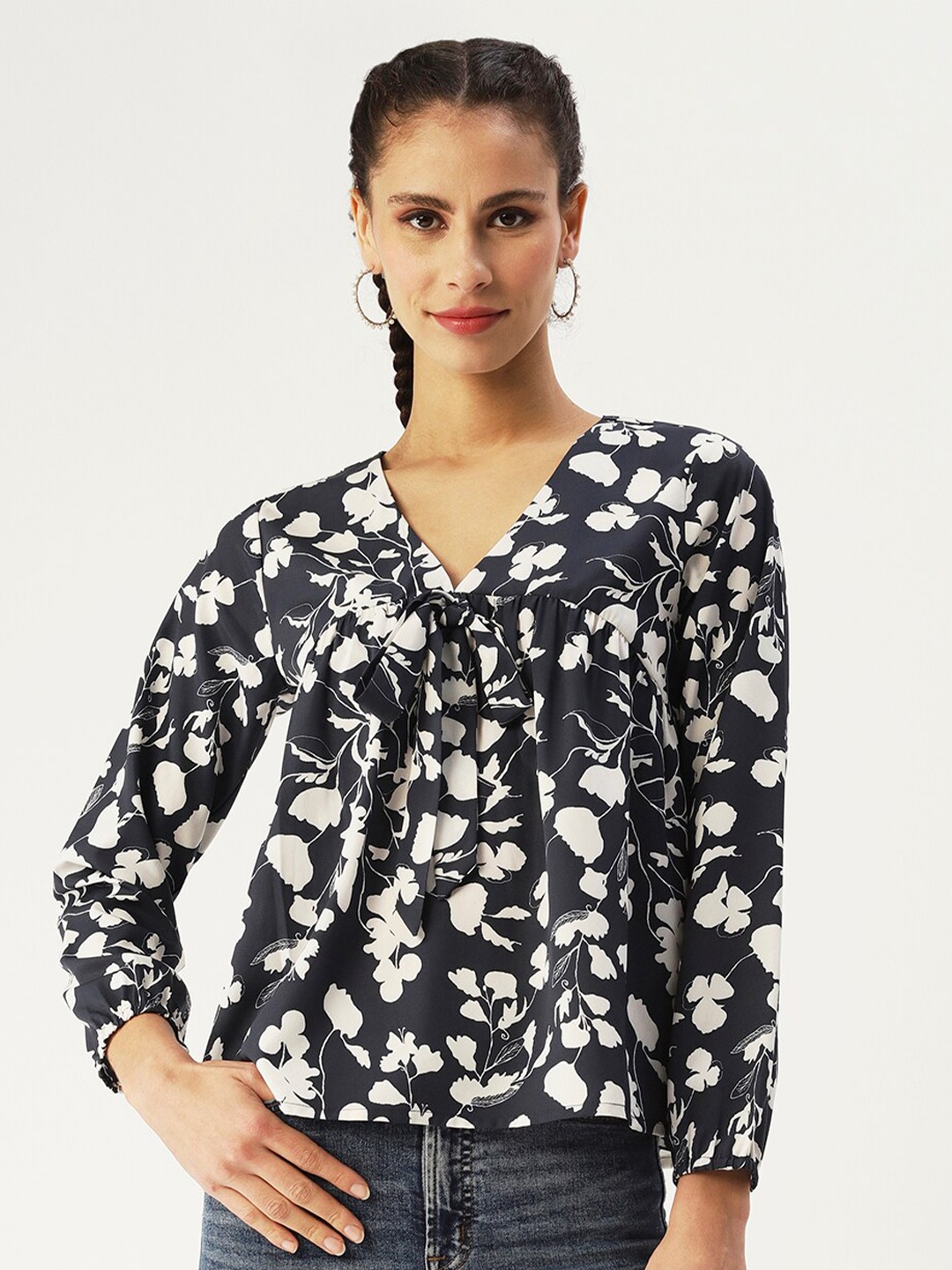 

DressBerry Women Floral Printed V-Neck Crepe Top, Navy blue