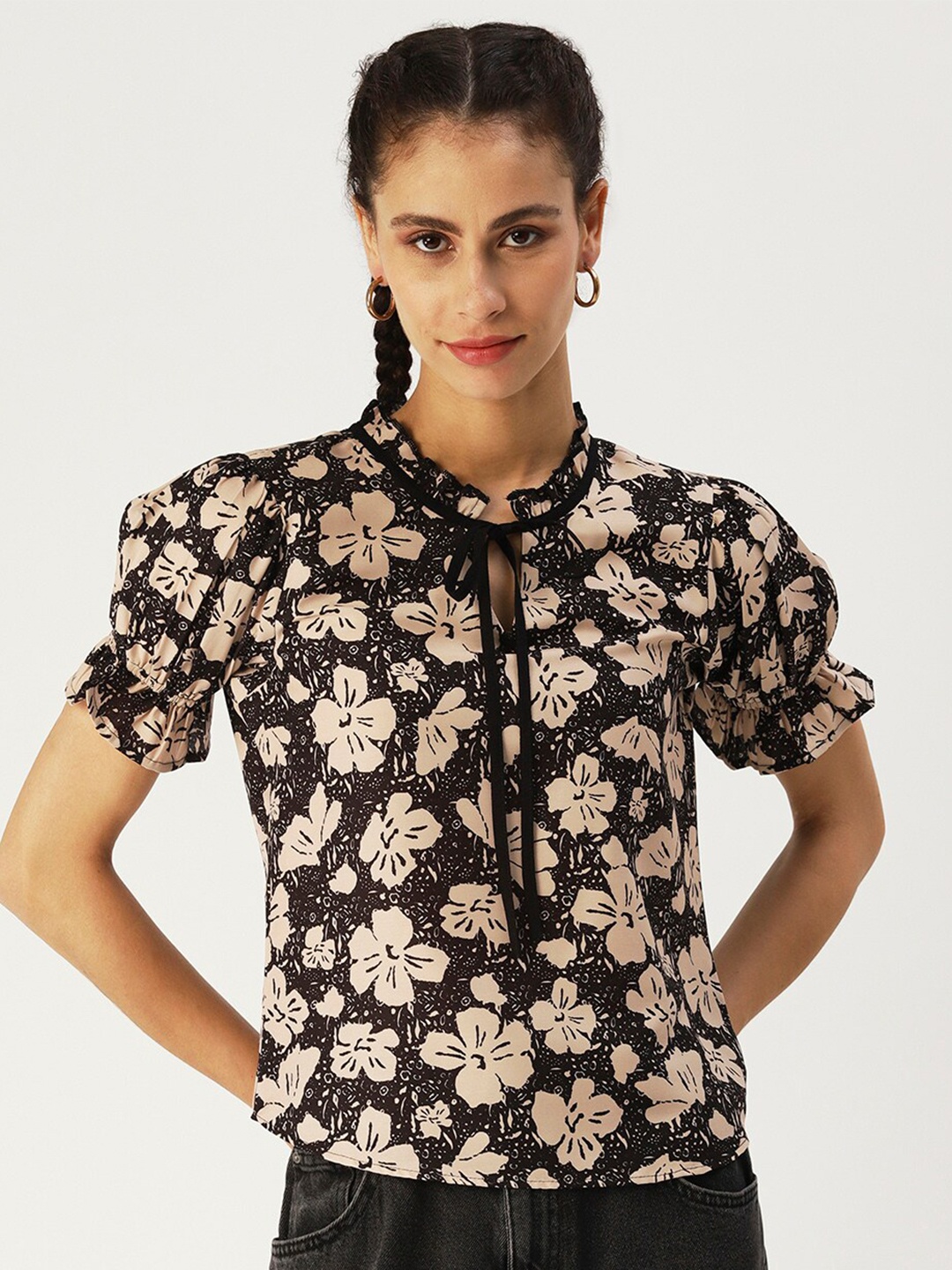 

DressBerry Women Floral Printed Tie-Up Neck Top, Black