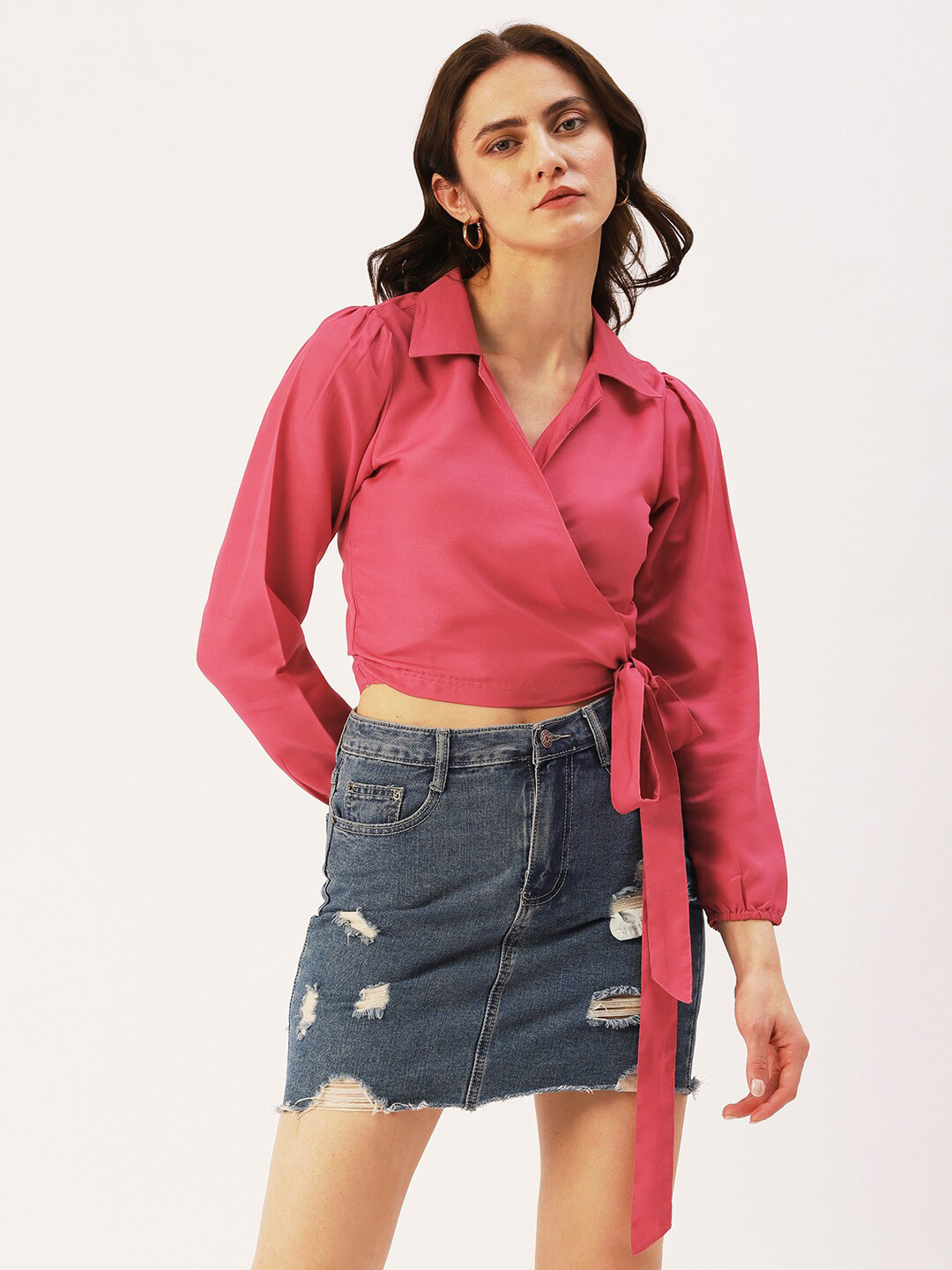 

DressBerry Women Shirt Collar Wrap Crop Top, Pink