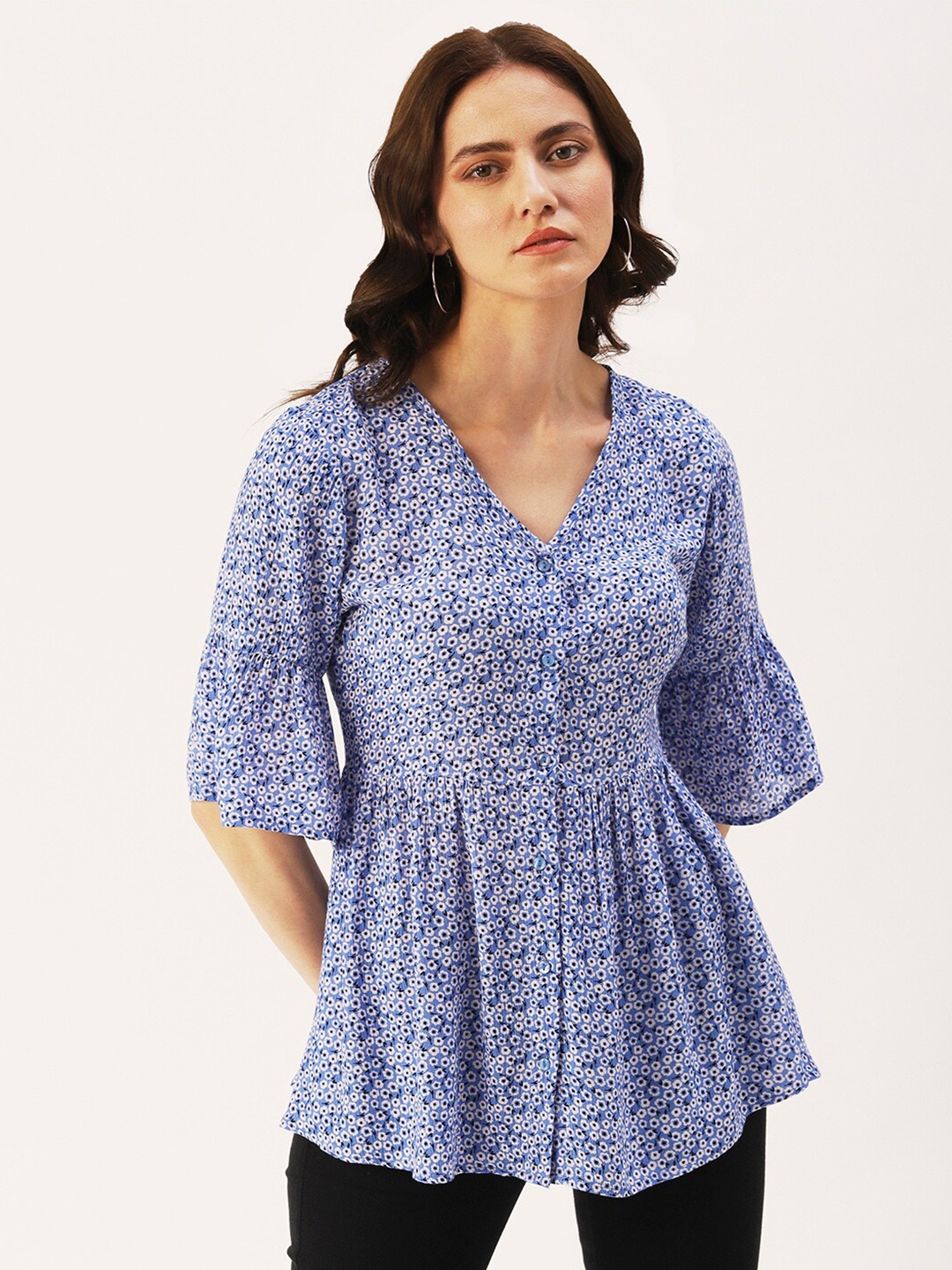 

DressBerry Women Floral Printed V-Neck Crepe Top, Blue