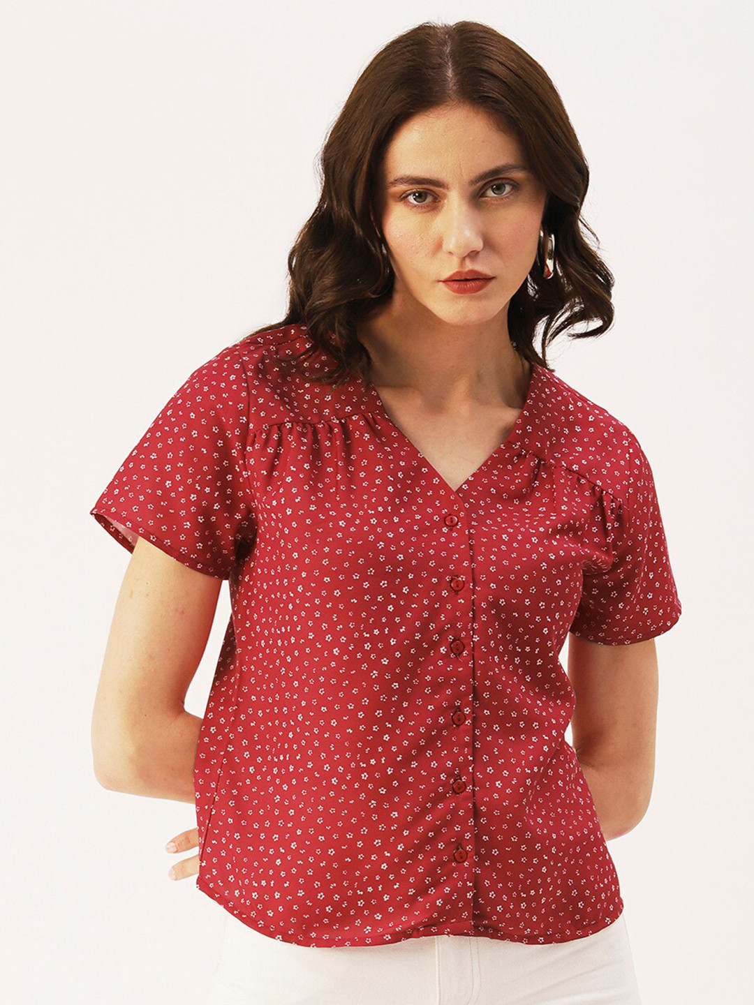 

DressBerry Women Printed V Neck Top, Red