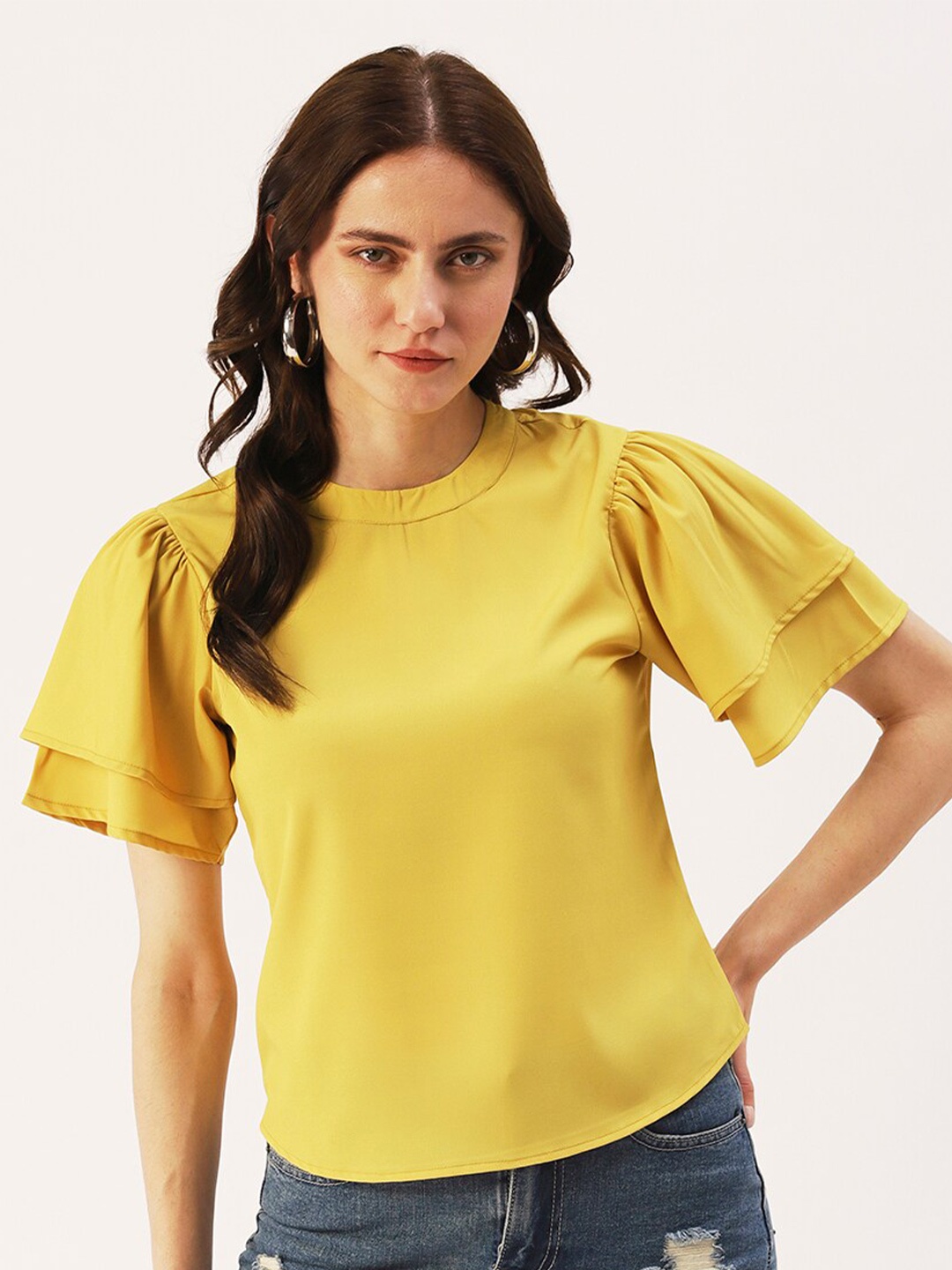 

DressBerry Women Round Neck Crepe Top, Yellow