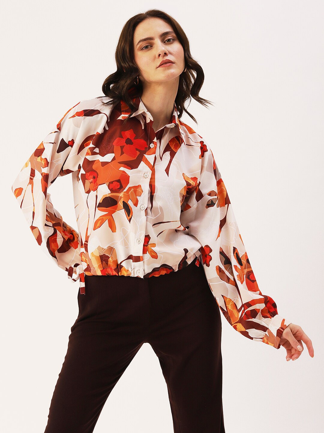 

DressBerry Women Floral Printed Shirt Style Top, Beige