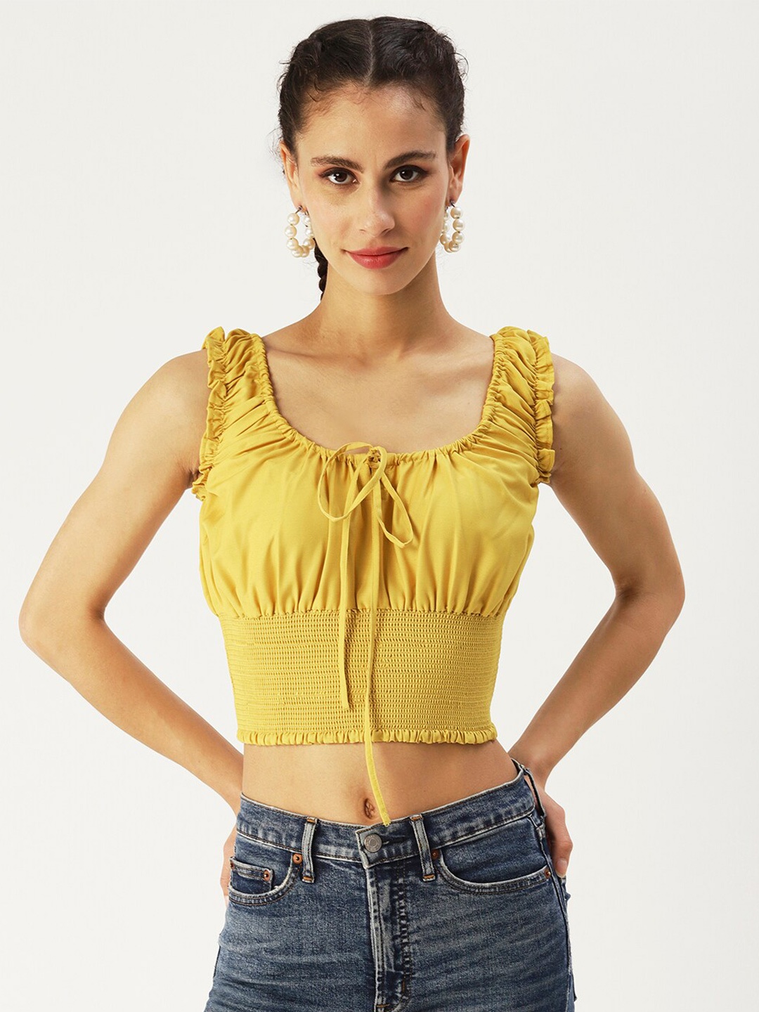 

DressBerry Yellow Tie-Up Neck Fitted Crop Top