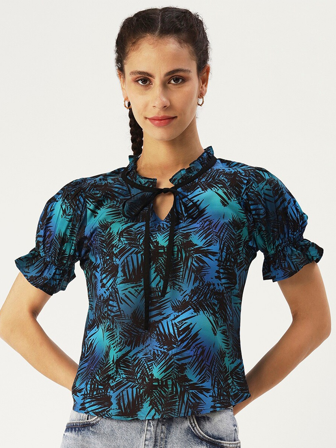 

DressBerry Women Tropical Print Tie-Up Neck Top, Blue