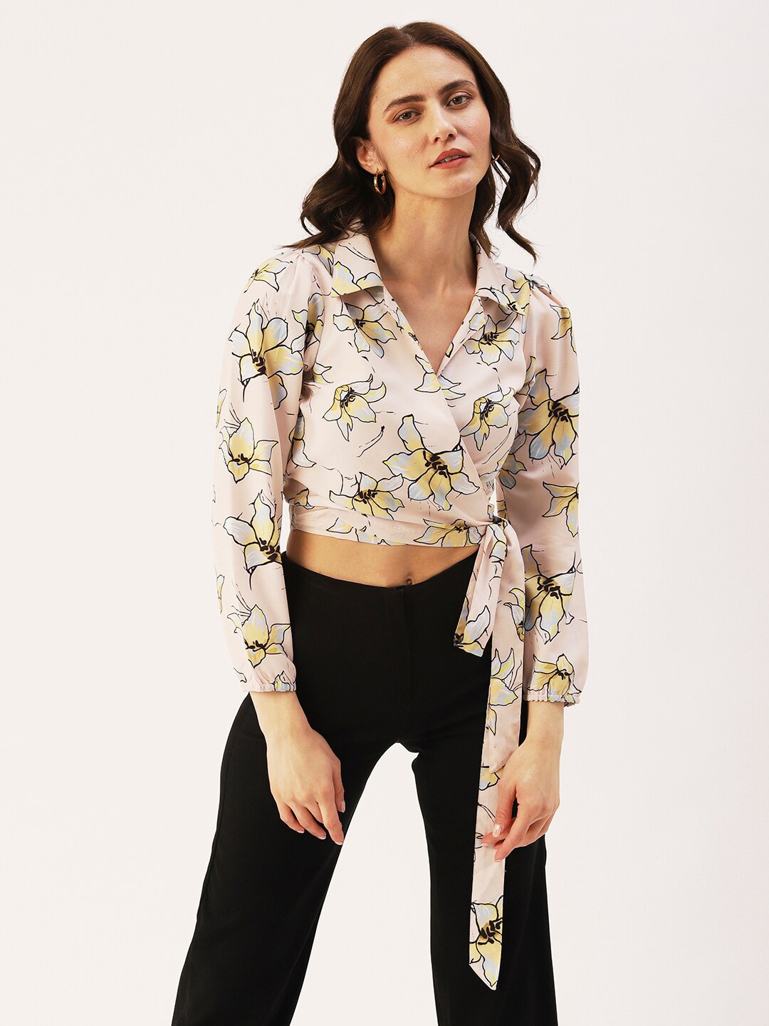 

DressBerry Women Floral Printed Shirt Style Crop Top, Peach