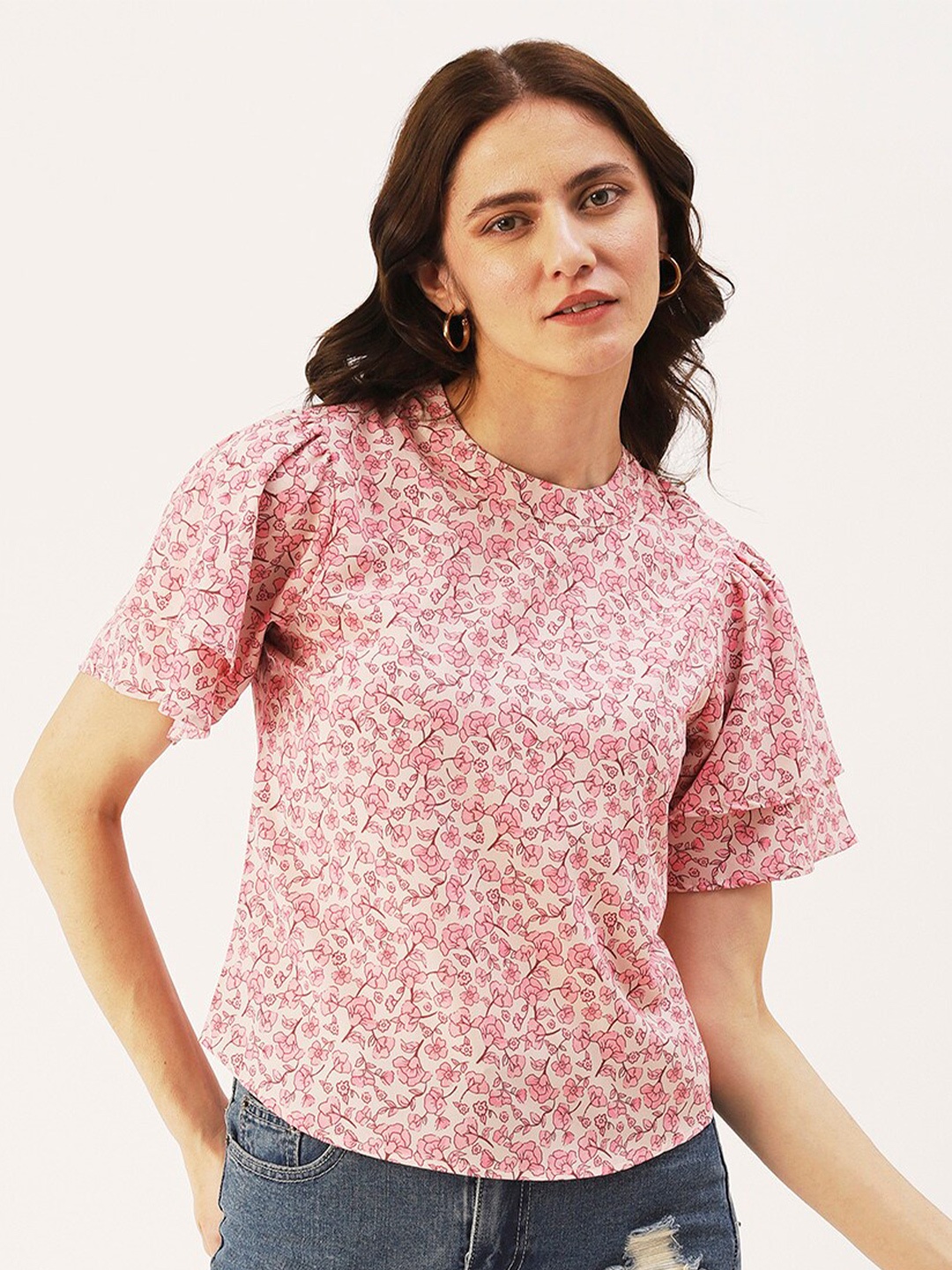 

DressBerry Women Floral Print Round Neck Crepe Top, Pink