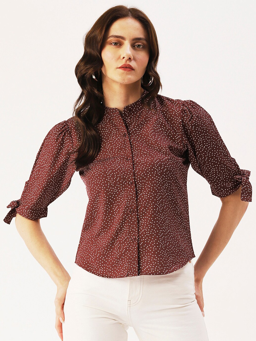 

DressBerry Polka Dot Mandarin Collar Crepe Shirt Style Top, Burgundy