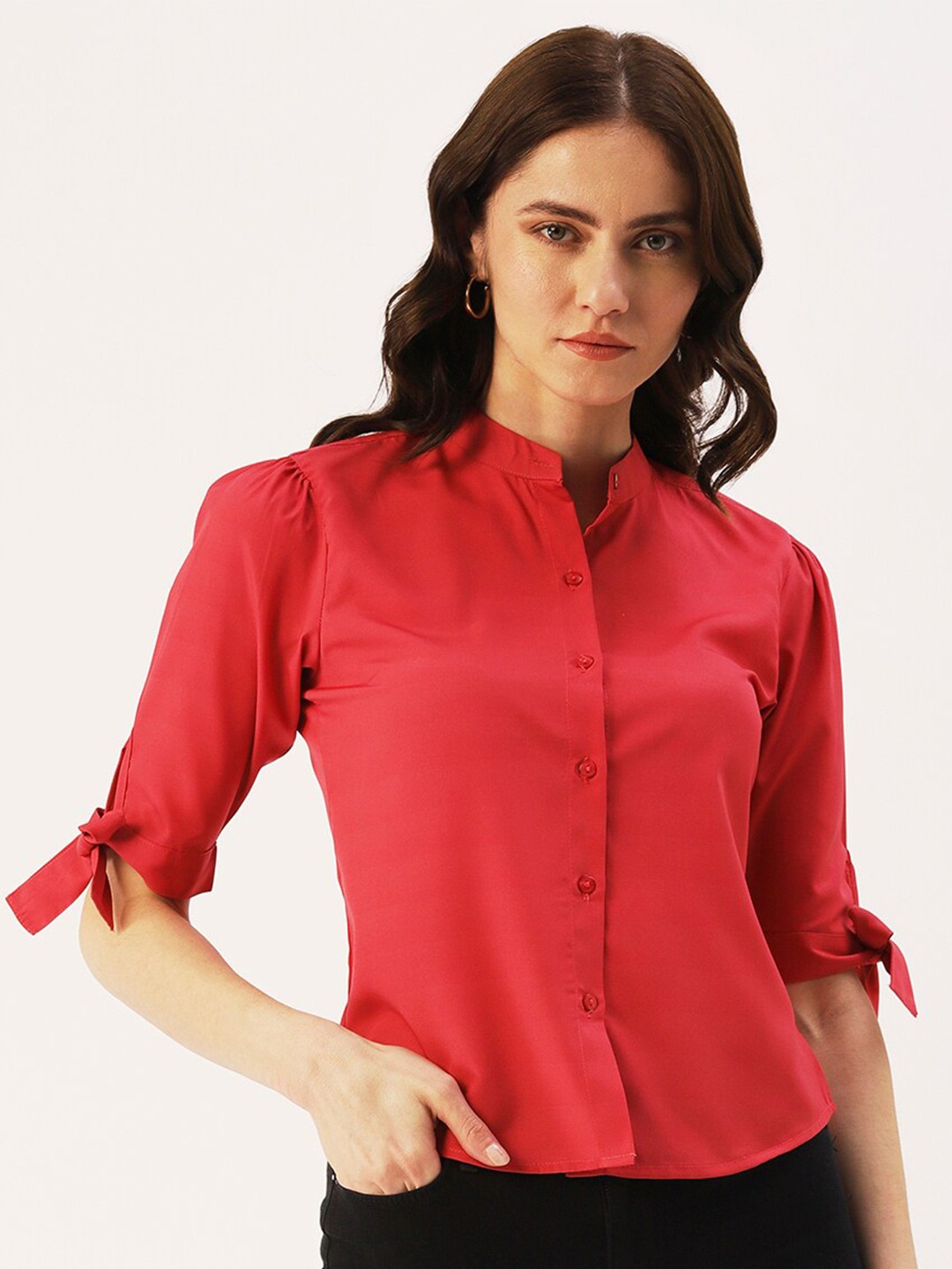 

DressBerry Sleeves Crepe Shirt Style Top, Red