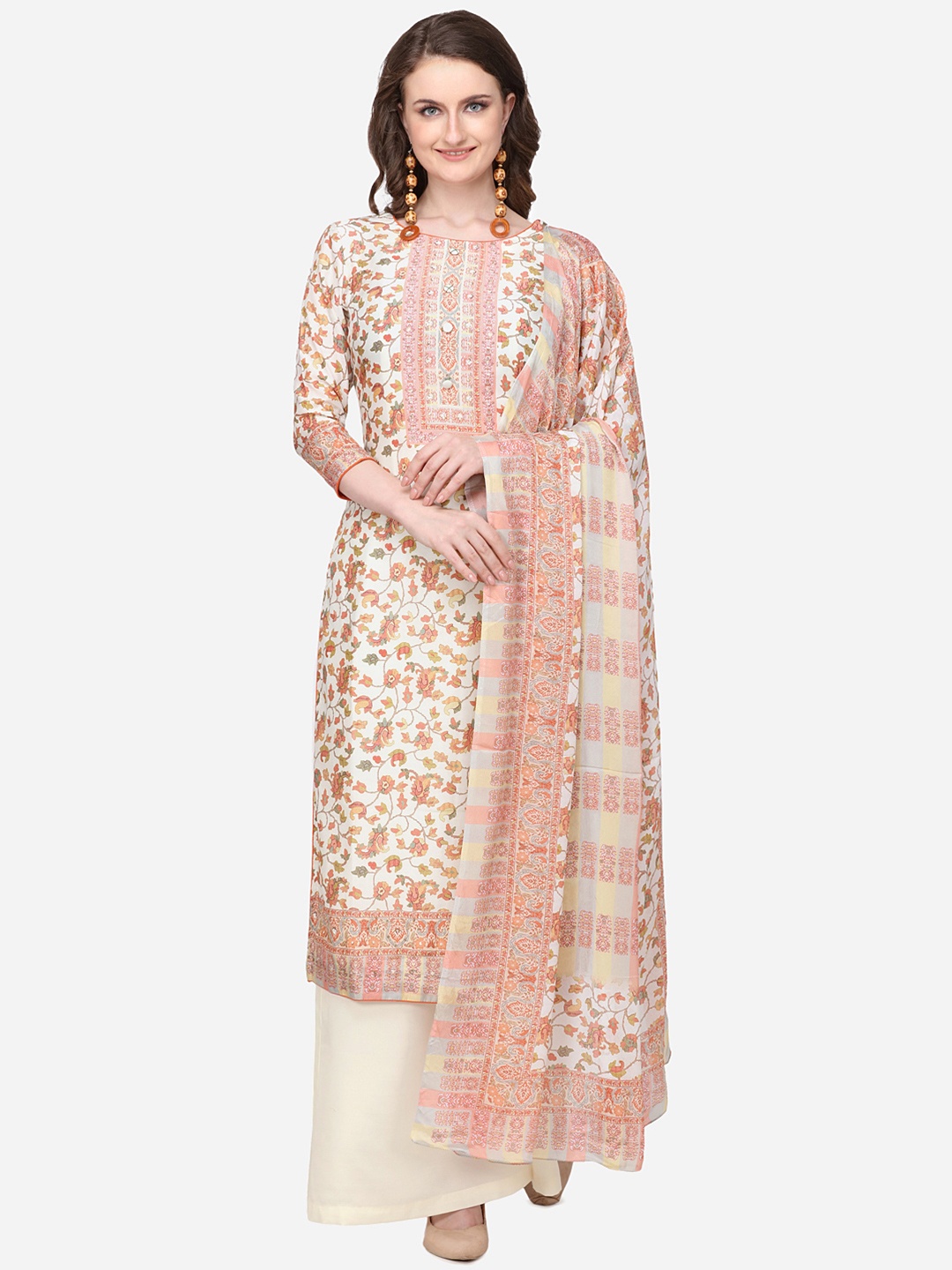 

Stylee LIFESTYLE Printed Pure Silk Unstitched Dress Material, Off white