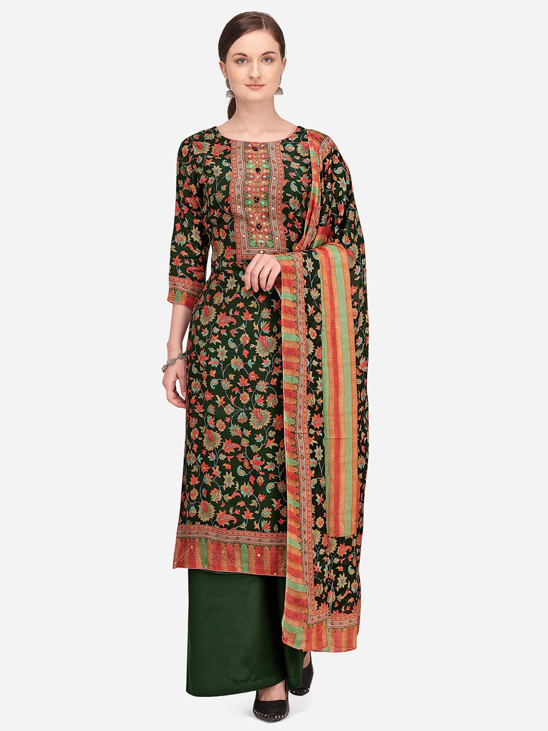 

Stylee LIFESTYLE Printed Pure Silk Unstitched Dress Material, Green