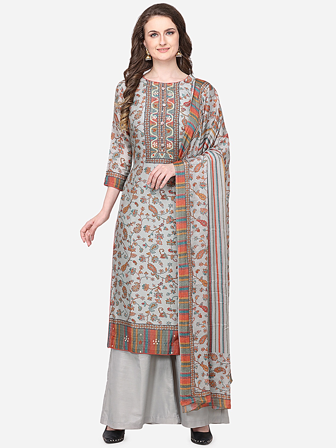 

Stylee LIFESTYLE Printed Pure Silk Unstitched Dress Material, Grey