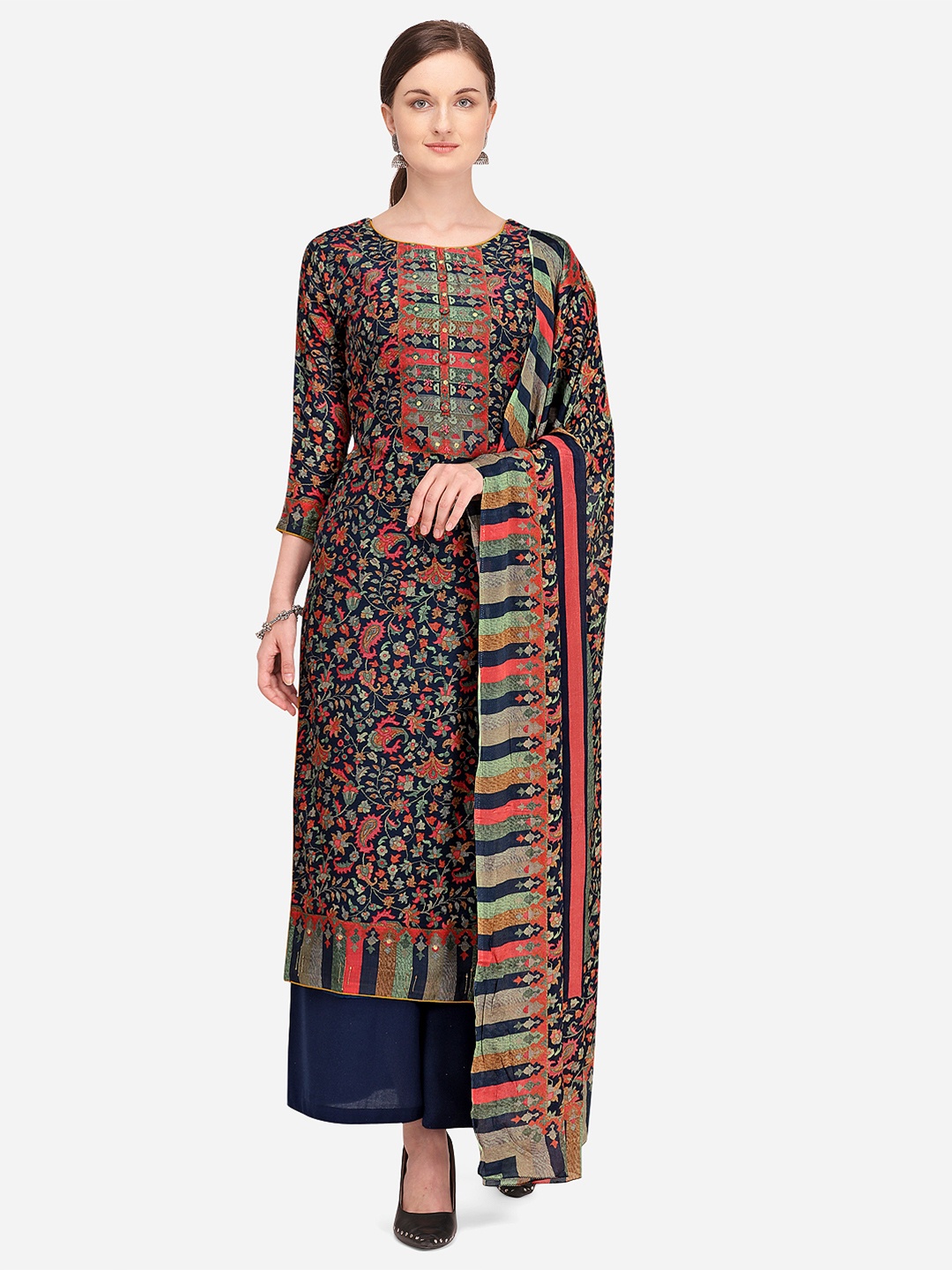 

Stylee LIFESTYLE Printed Pure Silk Unstitched Dress Material, Navy blue