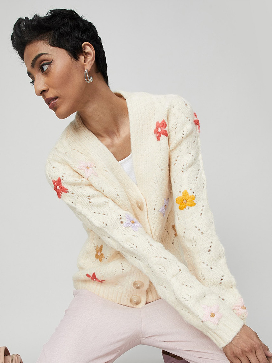

max Women Floral V Neck Cardigan Jumper Dress, Cream
