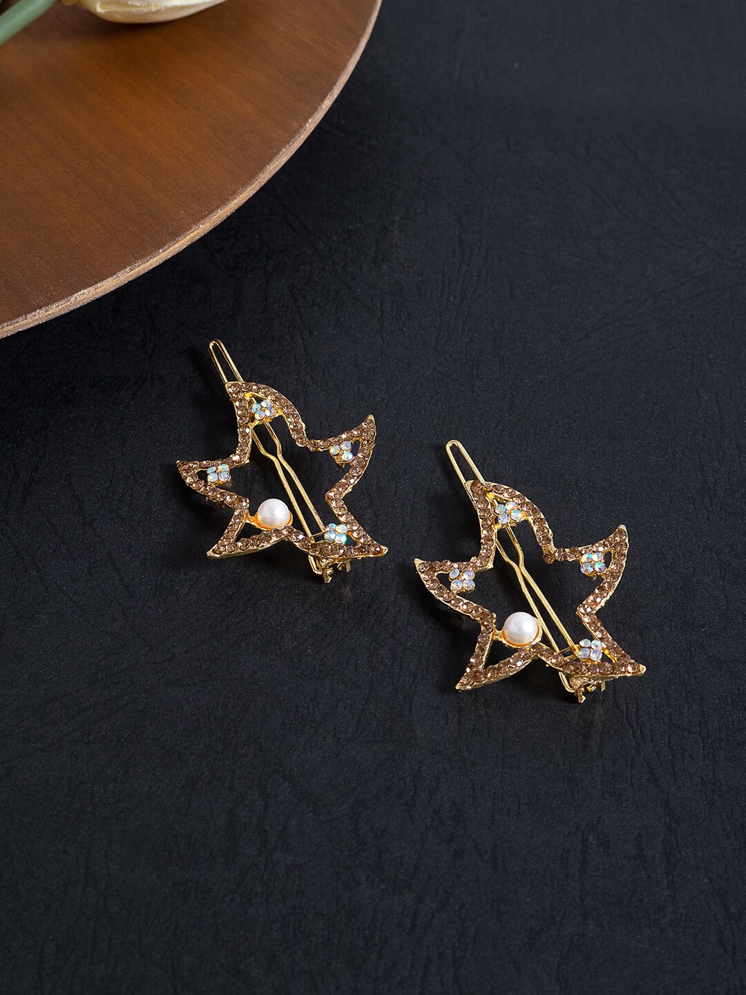 

Golden Peacock Women Set of 2 Star Design Embellished Bobby Pins, Gold