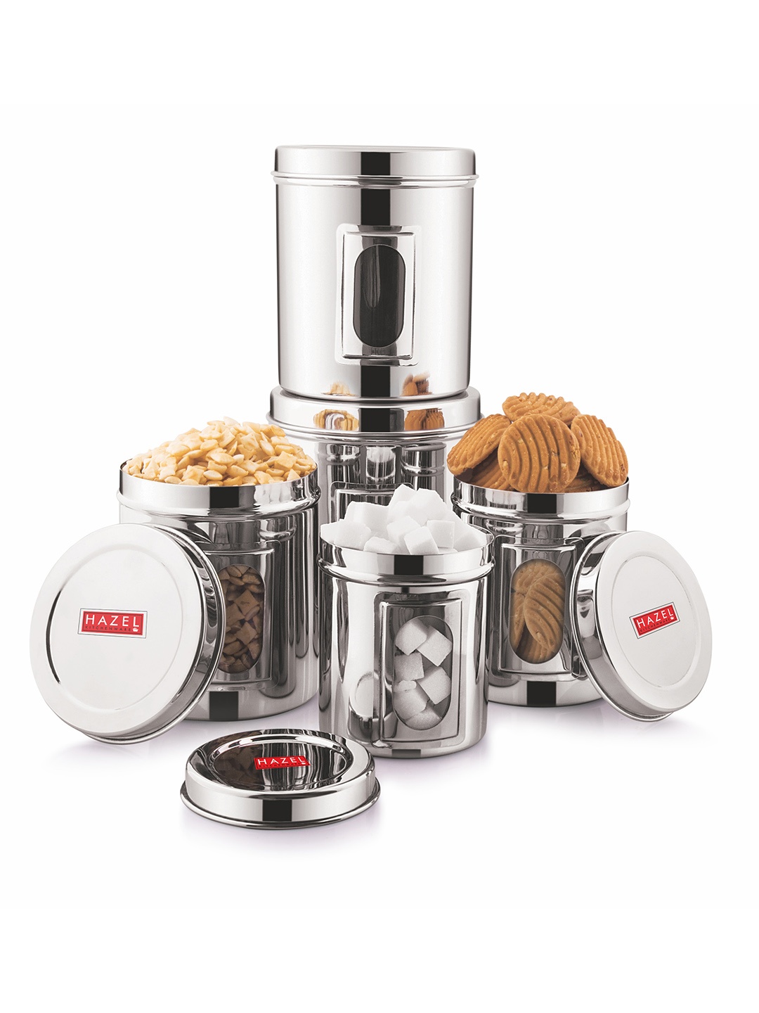 

HAZEL Set Of 5 Stainless Steel Transparent Airtight Kitchen Storage Jars, Silver
