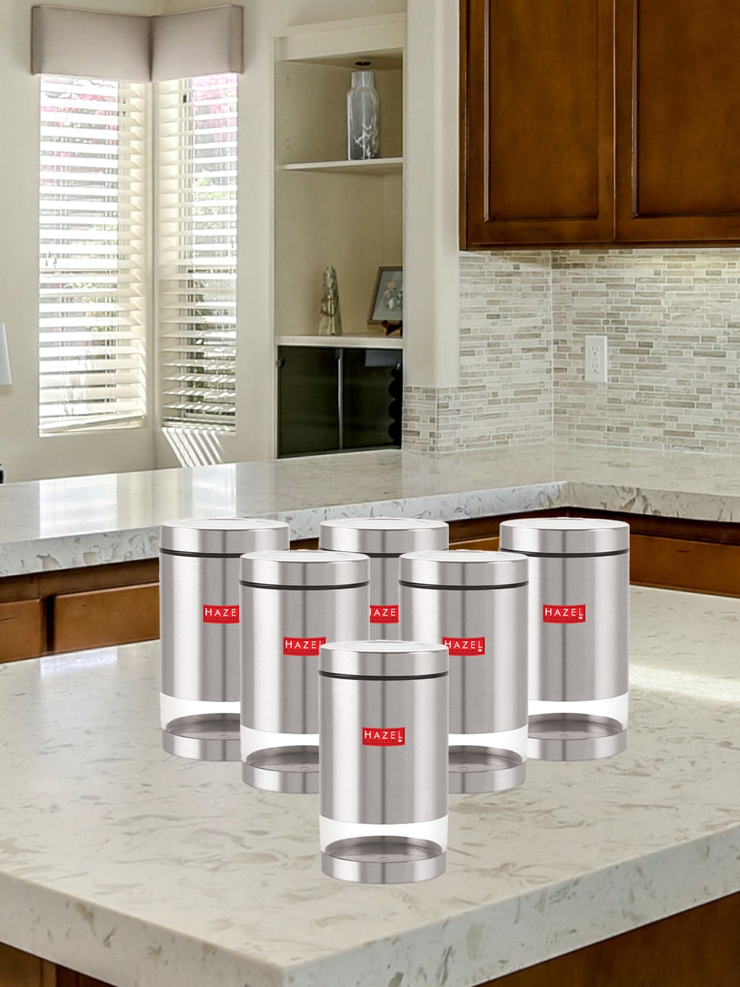 

HAZEL Set Of 6 Stainless Steel Transparent Food Storage Jars 1.3 ltrs Each, Silver