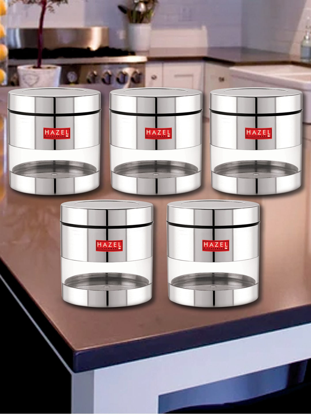 

HAZEL Set of 5 Stainless Steel Kitchen Storage Jars 600 ml Each, Silver