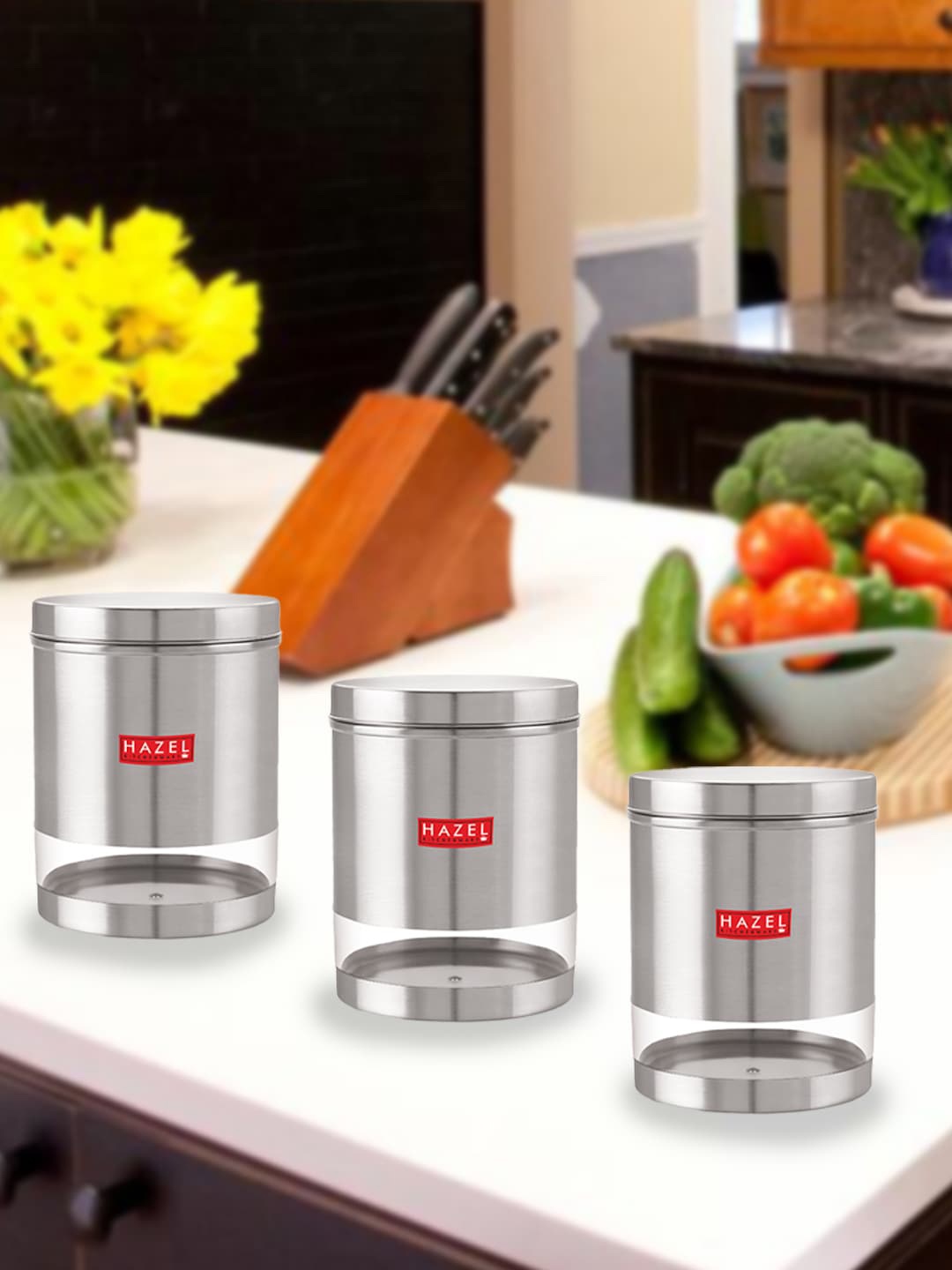 

HAZEL Set Of 3 Stainless Steel Transparent Kitchen Storage Jar 2.2 Ltrs Each, Silver