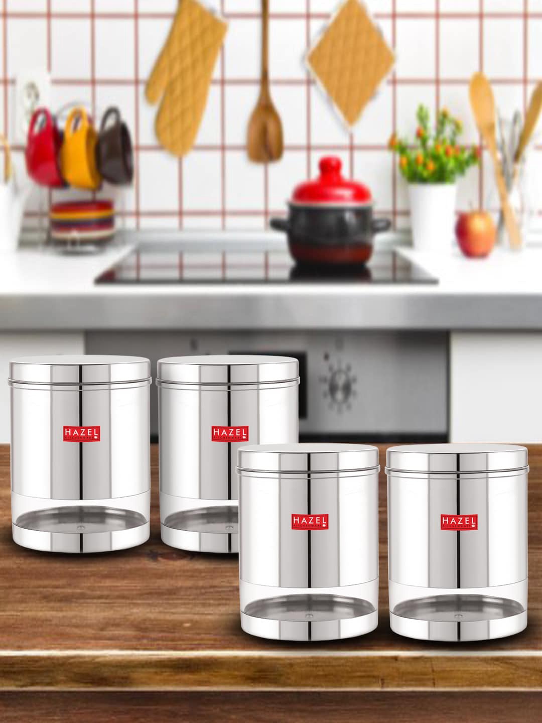 

HAZEL Set Of 4 Stainless Steel Transparent Kitchen Storage Jars 1.9 ltrs Each, Silver