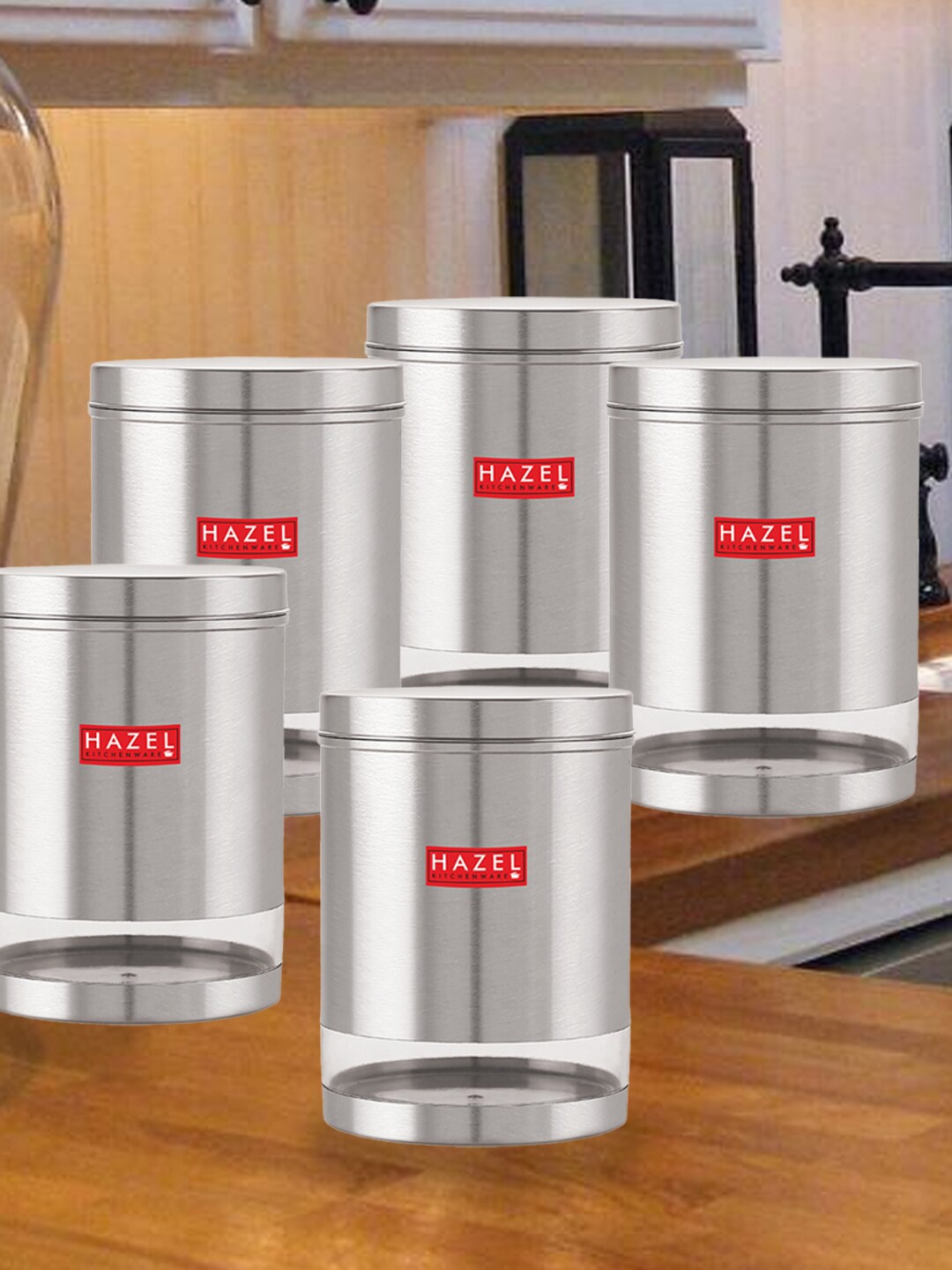 

HAZEL Set of 5 Stainless Steel Transparent Kitchen Storage Jar With Lid 3 ltrs Each, Silver