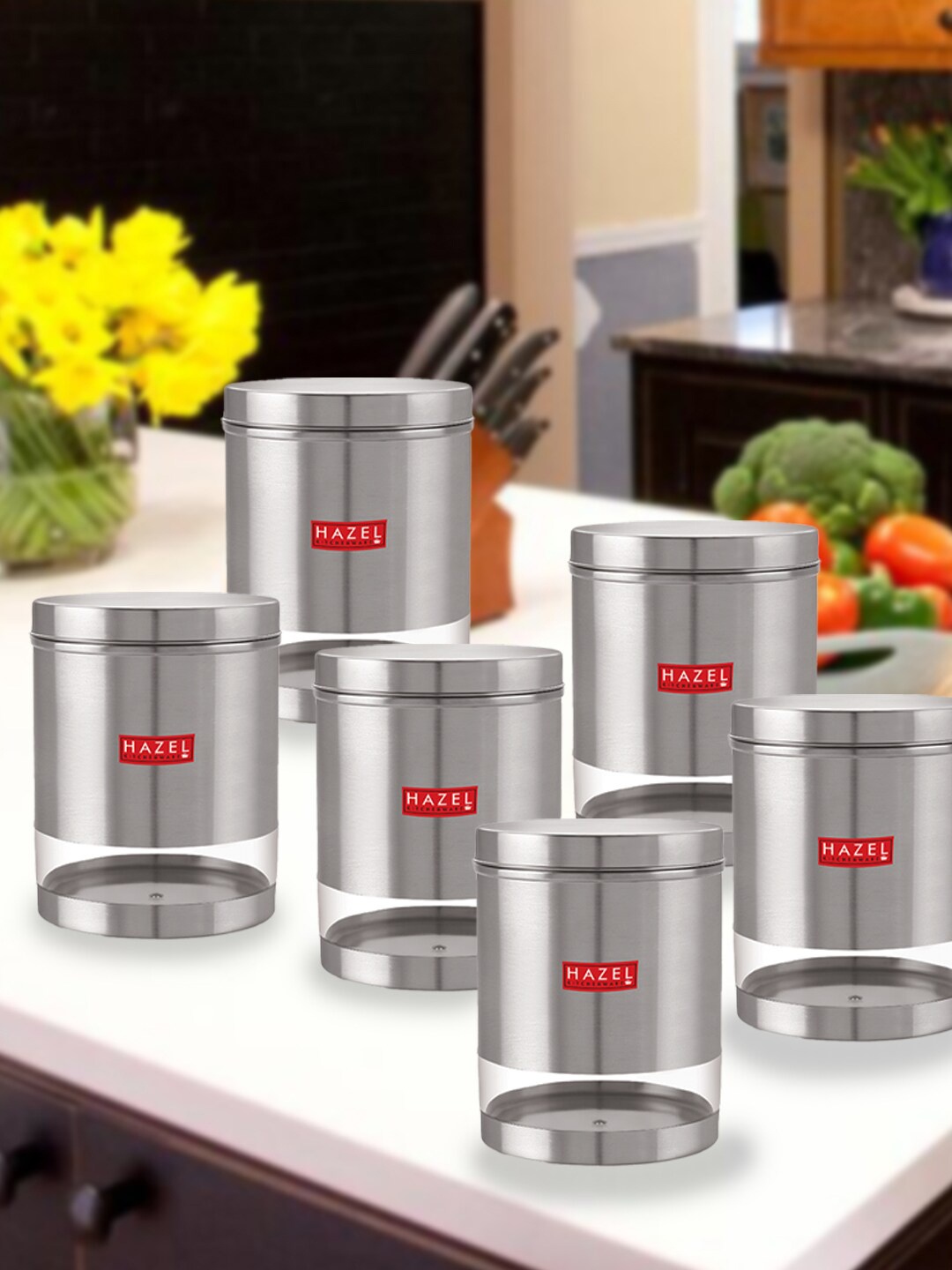 

HAZEL Set Of 6 Stainless Steel Transparent Kitchen Storage Jar 2.2 ltrs Each, Silver