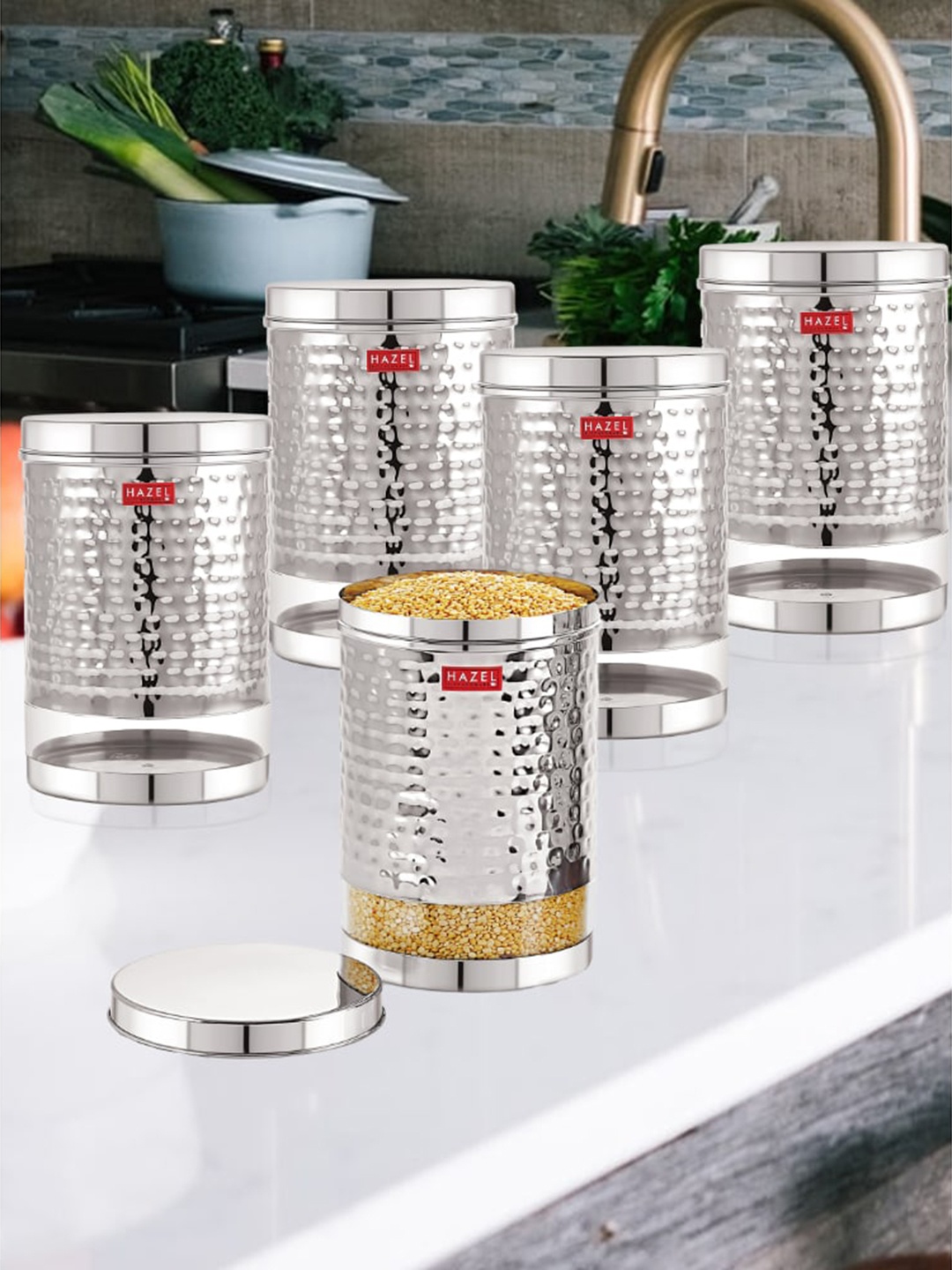 

HAZEL Set Of 5 Stainless Steel Transparent Kitchen Storage Jars 1.9 ltrs Each, Silver
