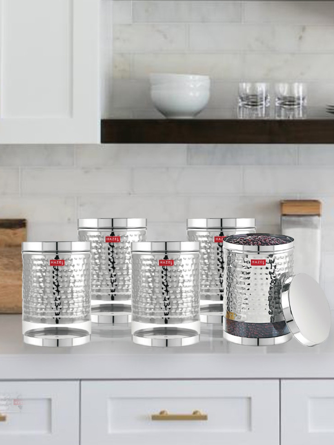 

HAZEL Set Of 5 Stainless Steel Kitchen Storage Jars 2.5 ltrs Each, Silver