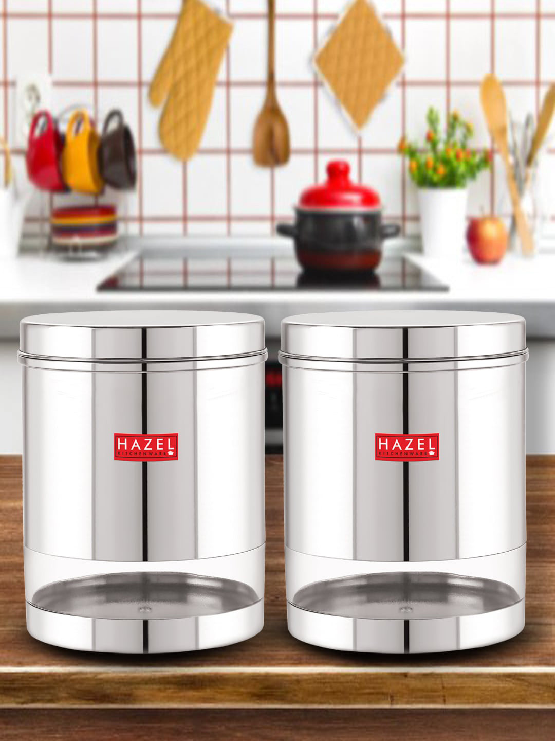 

HAZEL Set Of 2 Stainless Steel Transparent Kitchen Storage Jars 1.9 ltrs Each, Silver